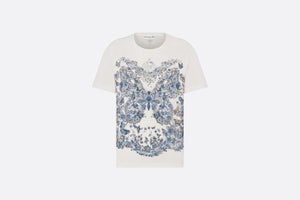 T-Shirt • White Cotton and Linen Jersey with Pastel Midnight Blue Butterfly Around The World Motif