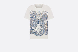 T-Shirt • White Cotton and Linen Jersey with Pastel Midnight Blue Butterfly Around The World Motif