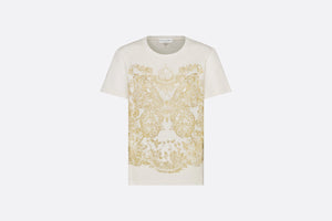 T-Shirt • White Cotton Jersey with Gold-Tone Butterfly Around the World Motif