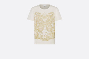 T-Shirt • White Cotton Jersey with Gold-Tone Butterfly Around the World Motif