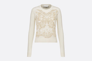 Embroidered Sweater • Gold-Tone and White Cashmere Knit with Butterfly Around the World Motif