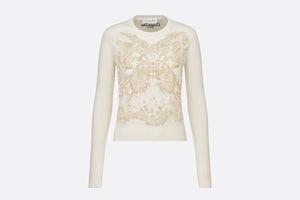 Embroidered Sweater • Gold-Tone and White Cashmere Knit with Butterfly Around the World Motif