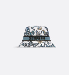 D-Bobby Toile de Jouy Mexico Small Brim Bucket Hat • White and Pastel Midnight Blue Embroidery