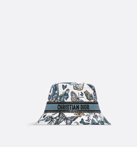 D-Bobby Toile de Jouy Mexico Small Brim Bucket Hat • White and Pastel Midnight Blue Embroidery