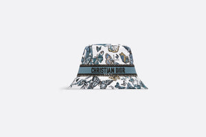 D-Bobby Toile de Jouy Mexico Small Brim Bucket Hat • White and Pastel Midnight Blue Embroidery