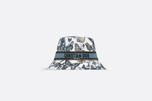 D-Bobby Toile de Jouy Mexico Small Brim Bucket Hat • White and Pastel Midnight Blue Embroidery