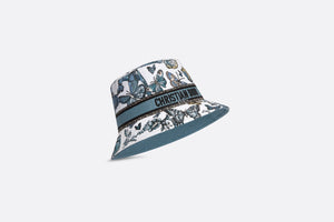 D-Bobby Toile de Jouy Mexico Small Brim Bucket Hat • White and Pastel Midnight Blue Embroidery