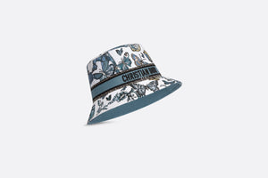 D-Bobby Toile de Jouy Mexico Small Brim Bucket Hat • White and Pastel Midnight Blue Embroidery