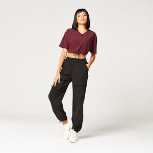 Code Cropped Drawstring Tee - Deep Oxblood Red