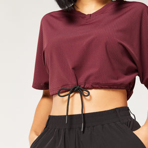 Code Cropped Drawstring Tee - Deep Oxblood Red