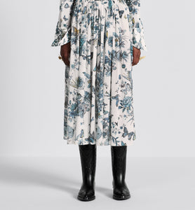Flared Mid-Length Skirt • White and Pastel Midnight Blue Cotton Voile with Toile de Jouy Mexico Motif