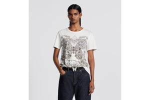 T-Shirt • White Cotton and Linen Jersey with Pastel Pink Butterfly Around The World Motif