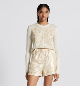 Embroidered Sweater • Gold-Tone and White Cashmere Knit with Butterfly Around the World Motif