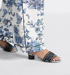 Dway Heeled Slide • Pastel Midnight Blue Multicolor Embroidered Cotton with Toile de Jouy Mexico Motif