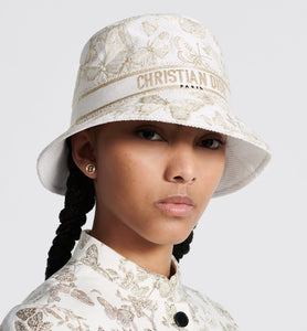 D-Bobby Toile de Jouy Mexico Small Brim Bucket Hat • White and Gold-Tone Embroidery
