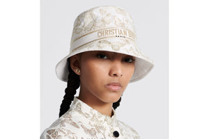D-Bobby Toile de Jouy Mexico Small Brim Bucket Hat • White and Gold-Tone Embroidery