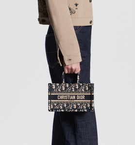 Dior Book Tote Mini Tote with Strap • Blue and Beige Dior Oblique Embroidery (21.5 x 13 x 7.5 cm)
