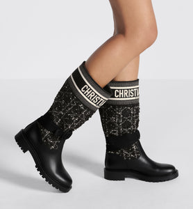 D-Major Boot • Black Calfskin with Black and White Cannage Tweed