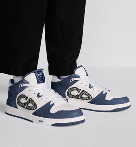 B57 Mid-Top Sneaker • Navy Blue and White Smooth Calfskin with Beige and Black Dior Oblique Jacquard