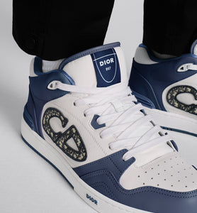 B57 Mid-Top Sneaker • Navy Blue and White Smooth Calfskin with Beige and Black Dior Oblique Jacquard