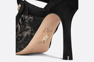 Dior Capture Heeled Mule • Transparent Mesh Embroidered with Black Butterfly Motif and Suede Calfskin