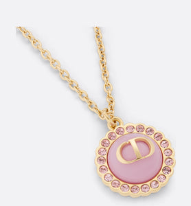 Petit CD Necklace • Gold-Finish Metal, Pink Crystals and Light Pink Glass